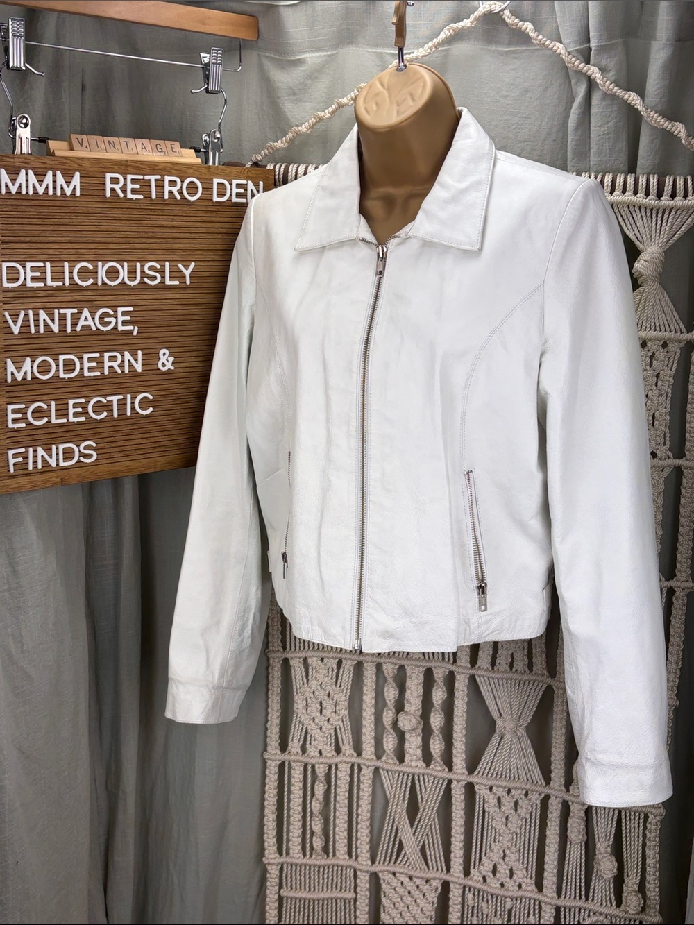 Retro Style Wilsons Leather White Zip-Front Leather Jacket | Large